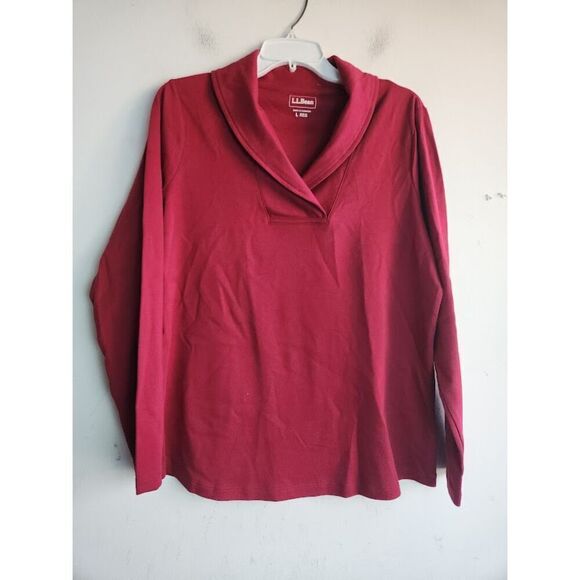 L.L.Bean Women Red Shawl Collar Polo 100% Cotton Long Sleeve Blouse size Large - Picture 1 of 6